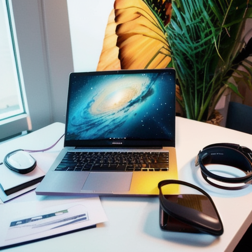 Corporate office workspace with reports and laptop, no people